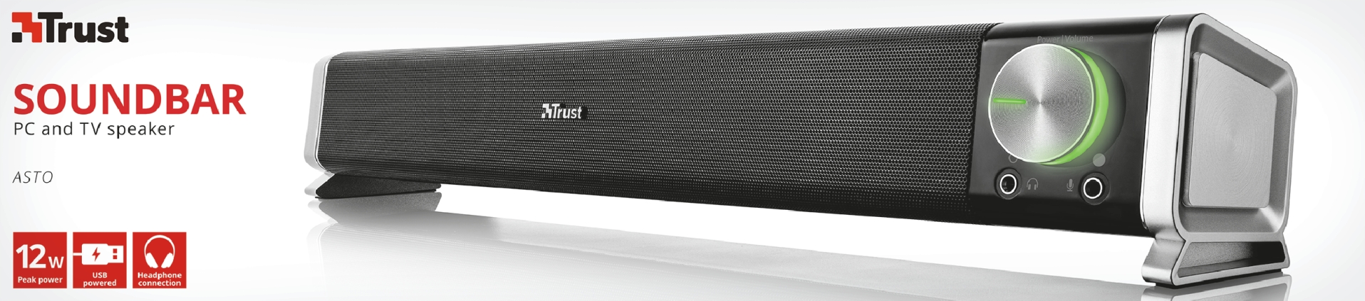 Soundbar Trust Asto, 6W RMS, 3.5mm, USB, Controle de Volume, Preto