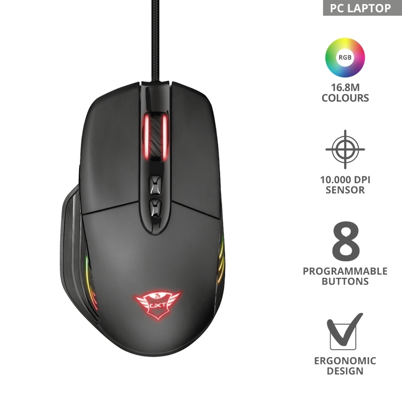Mouse Gamer Trust GXT 940 Xidon, RGB, 10000 DPI, 8 Botões Programáveis, USB, Preto
