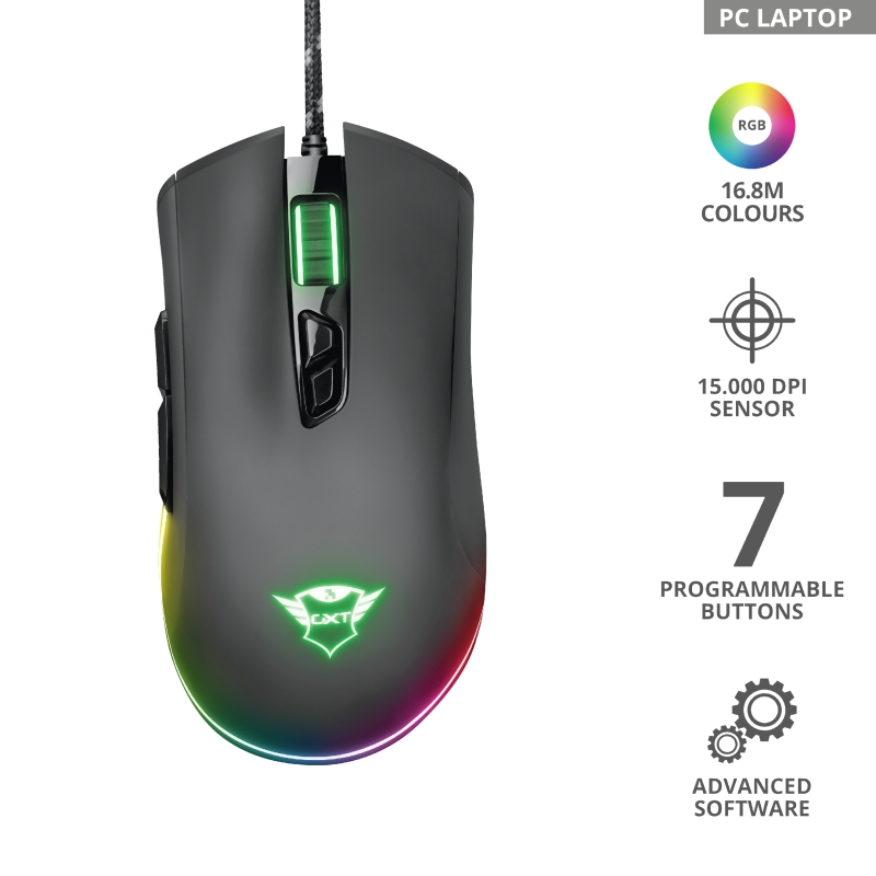 Mouse Gamer Trust GXT 900 Qudos, RGB, 15000 DPI, 7 Botões Programáveis, USB, Preto