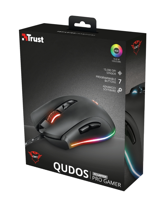 Mouse Gamer Trust GXT 900 Qudos, RGB, 15000 DPI, 7 Botões Programáveis, USB, Preto
