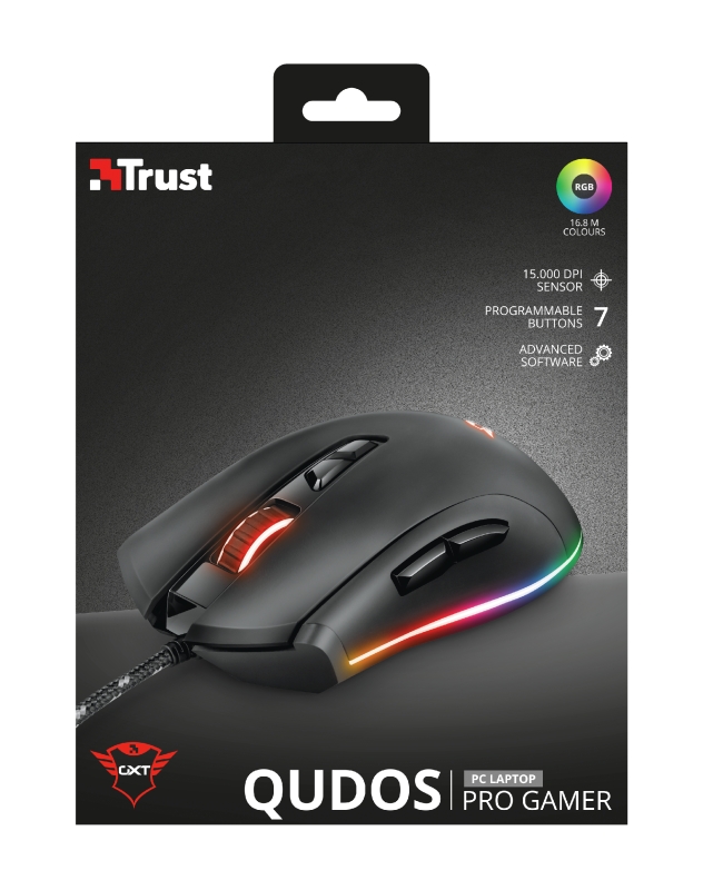 Mouse Gamer Trust GXT 900 Qudos, RGB, 15000 DPI, 7 Botões Programáveis, USB, Preto