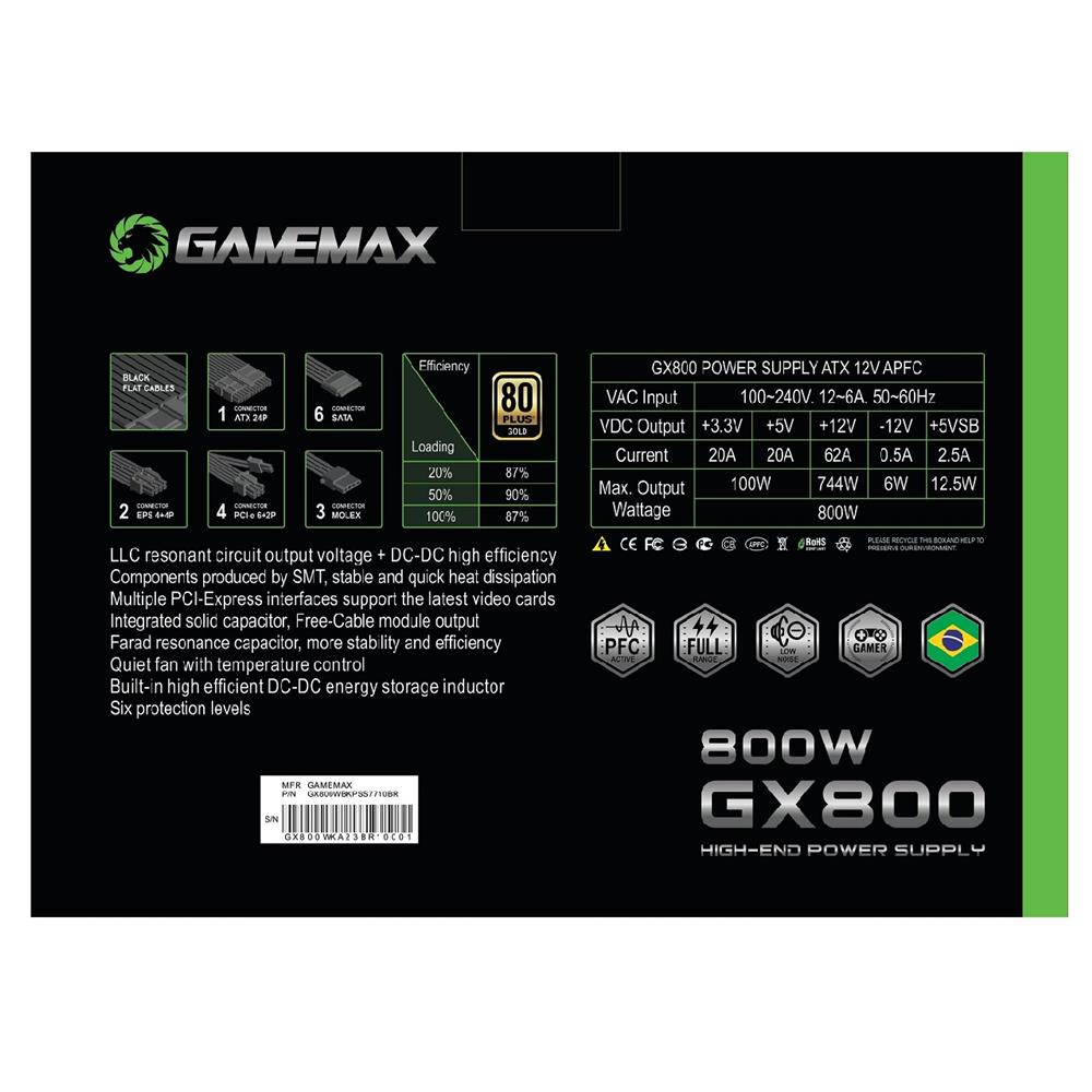 Fonte Gamemax GX800, 800W, 80 Plus Gold, PFC Ativo, Preto