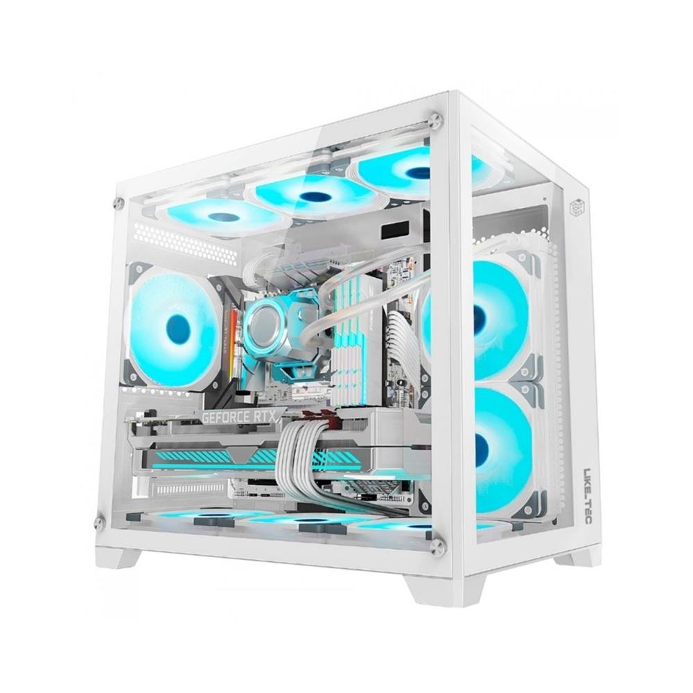 Gabinete Gamer Liketec Cube Kirra Snow, RGB, Mid Tower, Vidro Temperado, mATX, Branco, Sem Fonte, Com 4 Fans