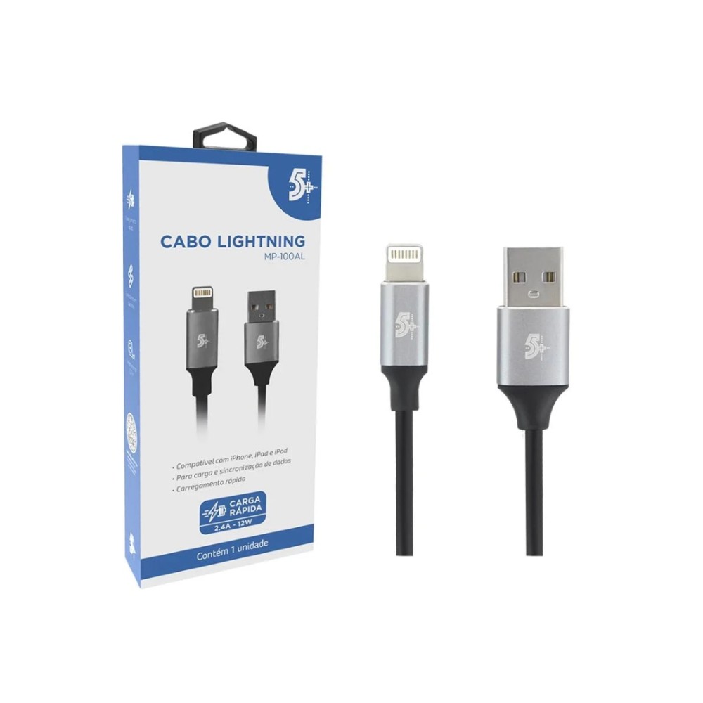Cabo Lightning USB-A 2.0 , 5+ , 1,2m , Fast Charger 12W , 018-0203 , Preto