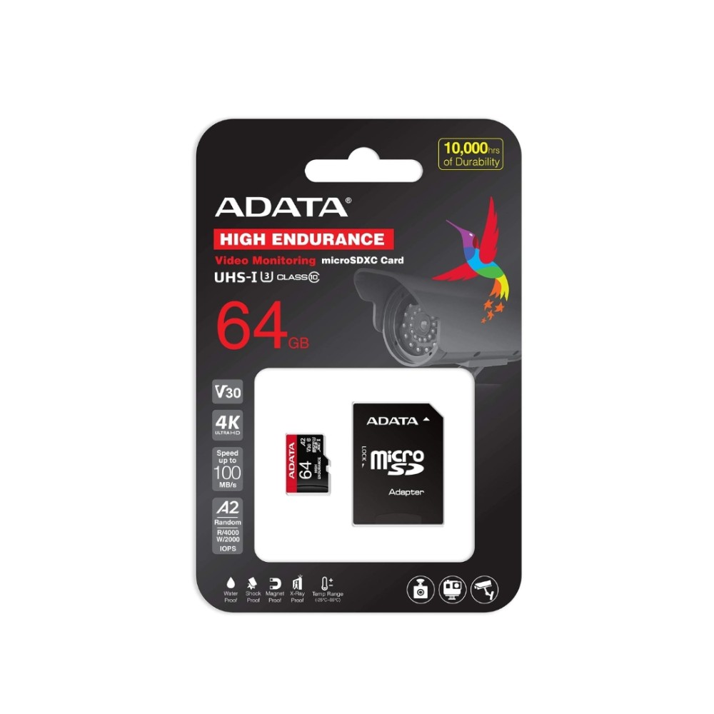 Cartão de Memória MicroSDXC , ADATA High Endurance , 64GB , UHS-I , Classe 10 , V30 , A2 , com Adaptador
