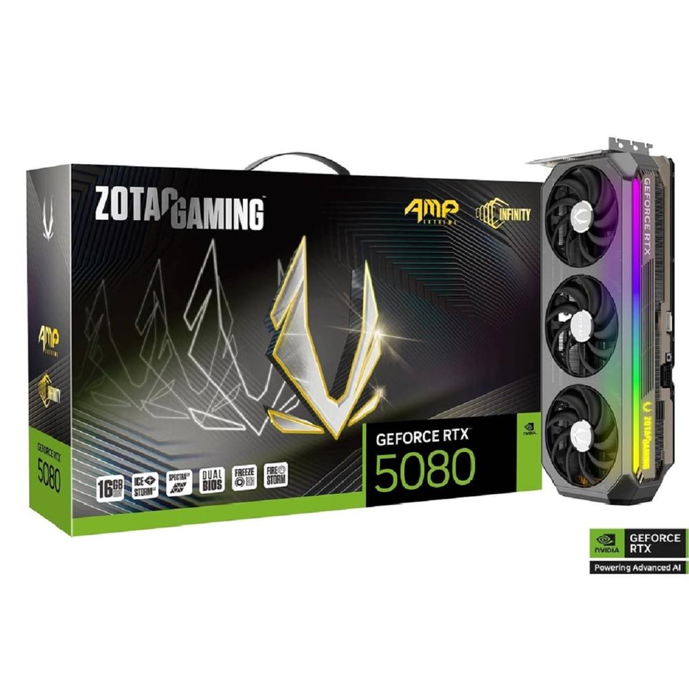 Placa de Vídeo Zotac RTX 5080 AMP , 16GB , GDDR7 , 256 BITS , DisplayPort , HDMI , UHBR , PCIe , Preto
