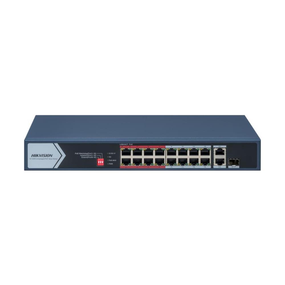 Switch Hikvision , DS-3E0318P-E/M(C) , 18 Portas , 16 PoE Fast Ethernet , 2 Uplink Gigabit , 130W , Long Range 300m