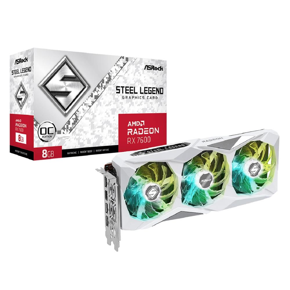 Placa de Vídeo ASRock Radeon RX 7600 Steel Legend OC, 8GB, GDDR6, 128-Bit, FSR, Ray Tracing, Branco