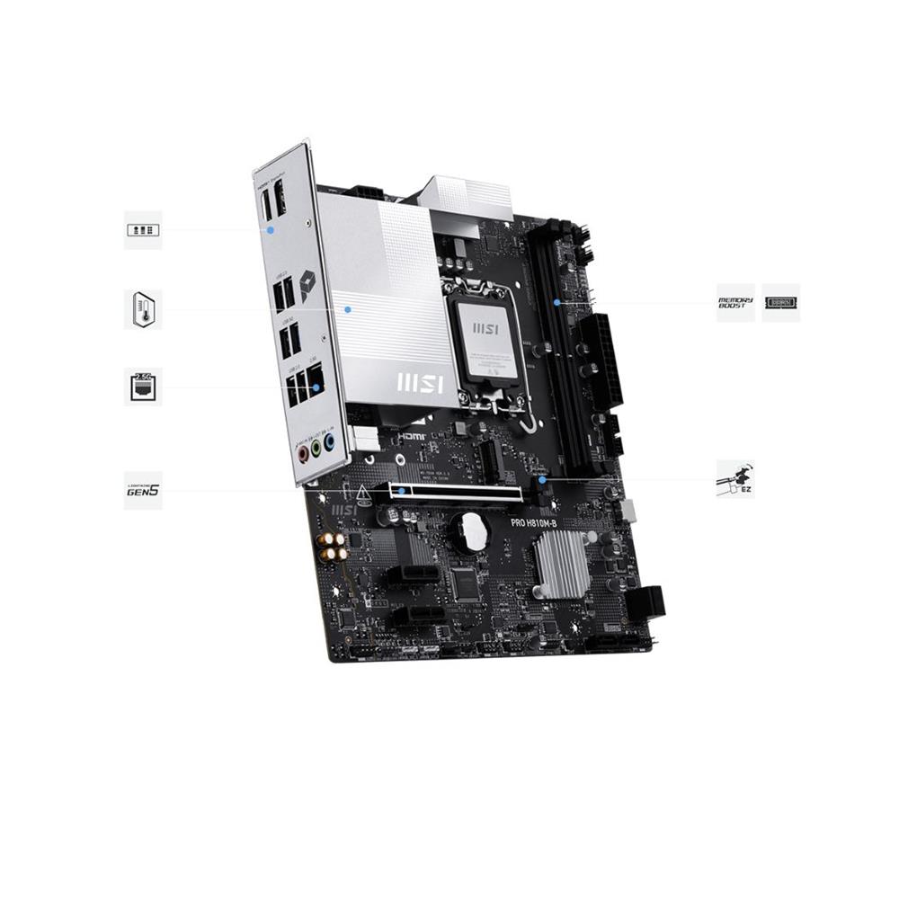 Placa-mãe MSI PRO H810M-B, Intel LGA1851, Chipset H810, DDR5 128GB 6400MHz, M.2 PCIe 4.0 NVMe, HDMI 4K, DisplayPort, LAN 2.5G, Prata