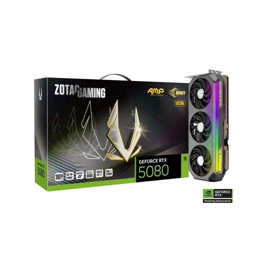 Placa de vídeo Zotac RTX5080 AMP Extreme Infinity Ultra, 16GB GDDR7, DLSS 4, PCIe 5.0, preto