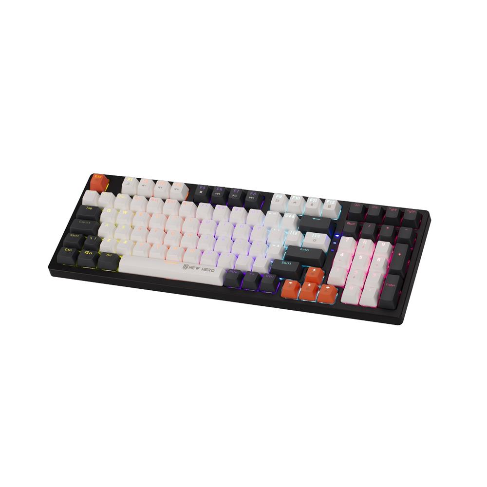 Teclado Mecânico Gamer New Hero Arkana, Rainbow, Switch Blue, ABNT2, USB, Branco e Cinza