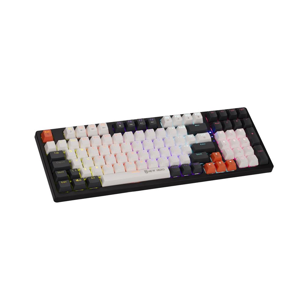 Teclado Mecânico Gamer New Hero Arkana, Rainbow, Switch Blue, ABNT2, USB, Branco e Cinza