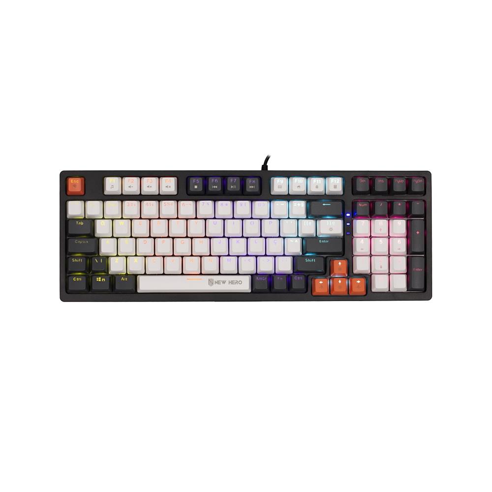 Teclado Mecânico Gamer New Hero Arkana, Rainbow, Switch Blue, ABNT2, USB, Branco e Cinza