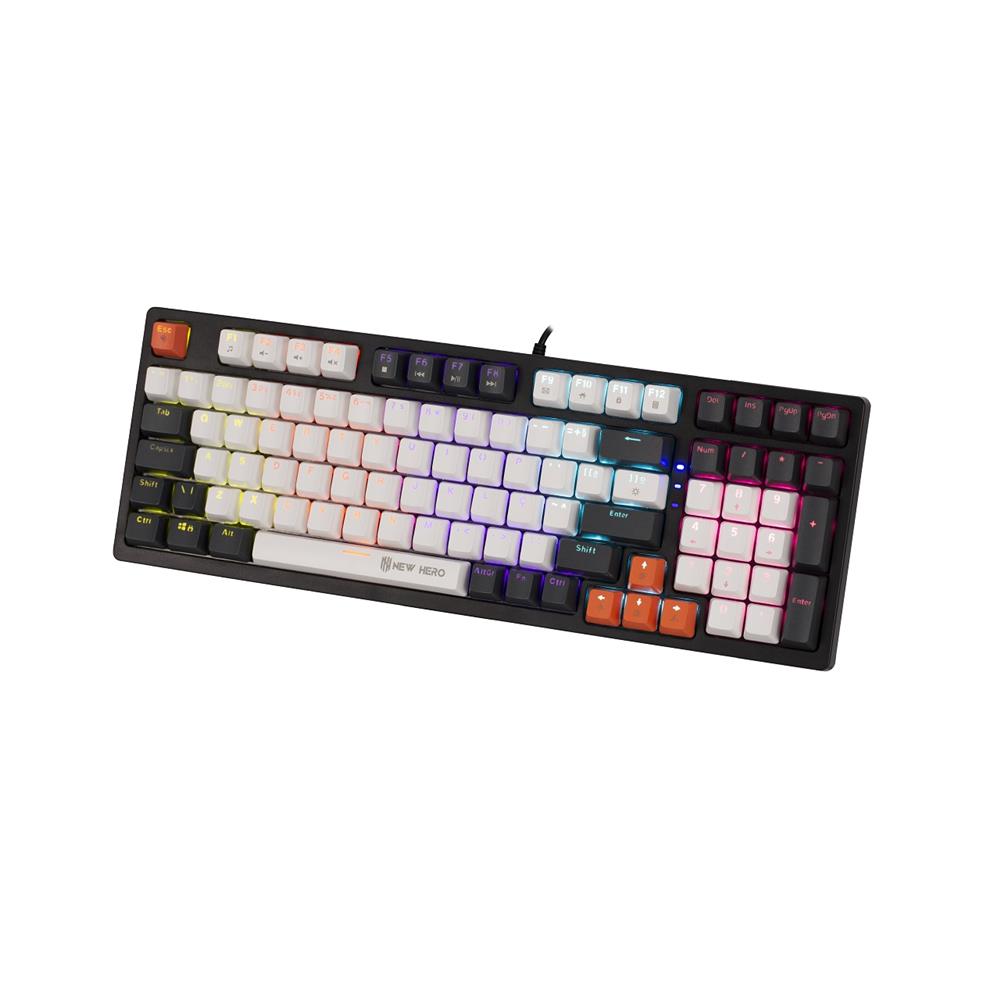 Teclado Mecânico Gamer New Hero Arkana, Rainbow, Switch Blue, ABNT2, USB, Branco e Cinza