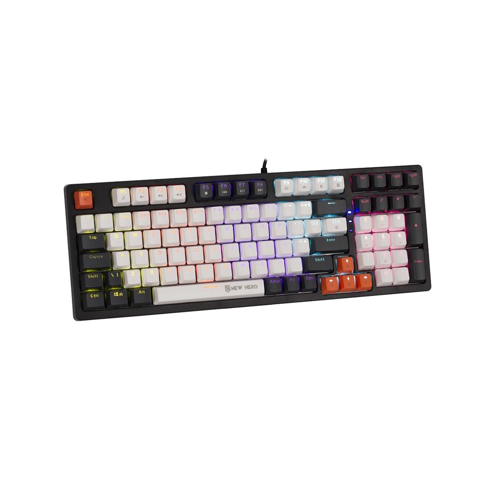 Teclado Mecânico Gamer New Hero Arkana, Rainbow, Switch Blue, ABNT2, USB, Branco e Cinza