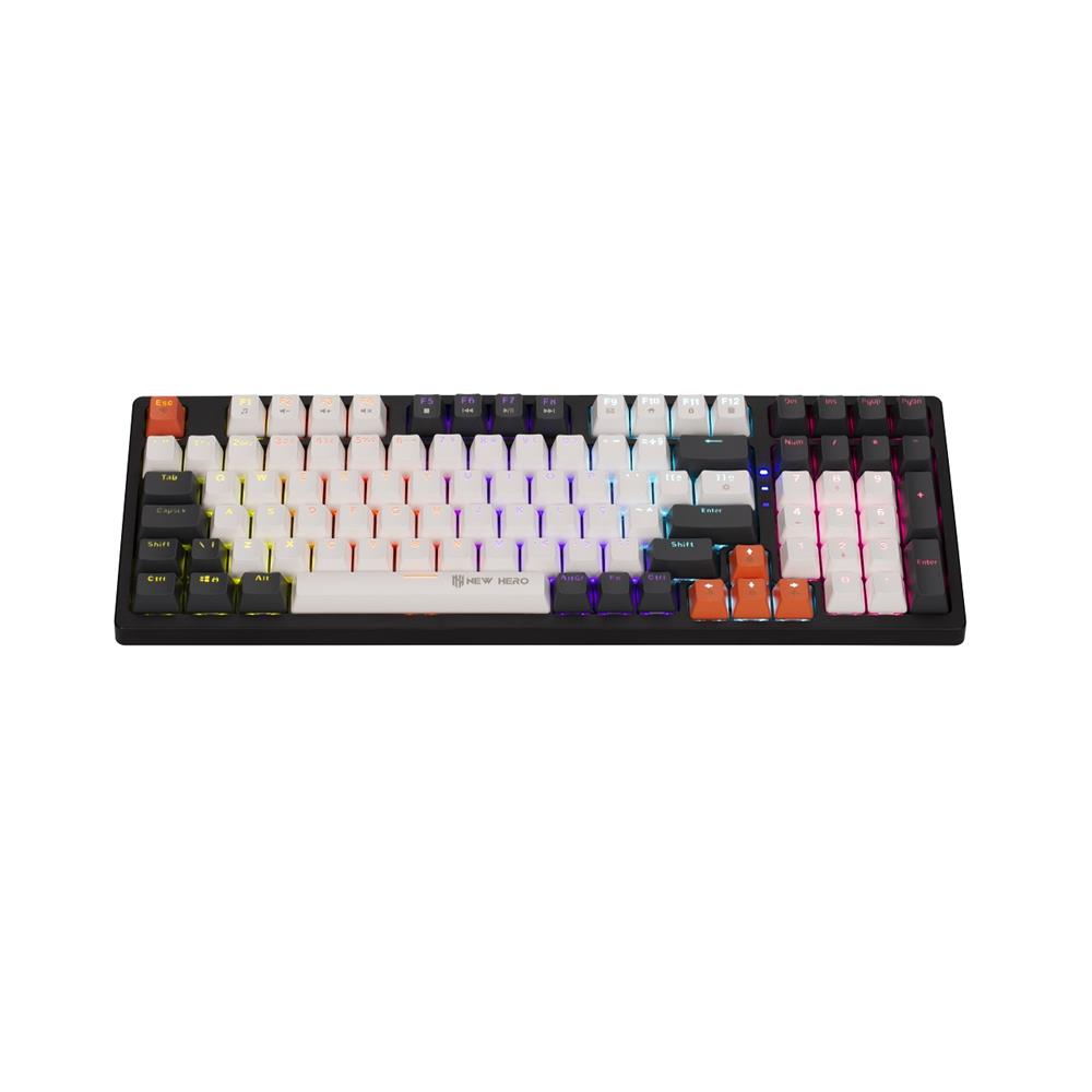 Teclado Mecânico Gamer New Hero Arkana, Rainbow, Switch Blue, ABNT2, USB, Branco e Cinza
