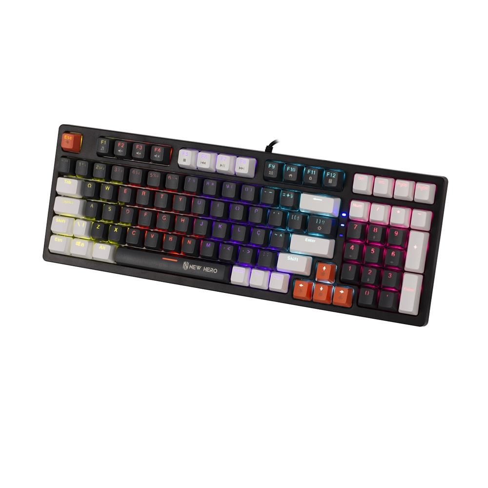 Teclado Mecânico Gamer New Hero Arkana, Rainbow, Switch Blue, ABNT2, USB, Preto e Cinza