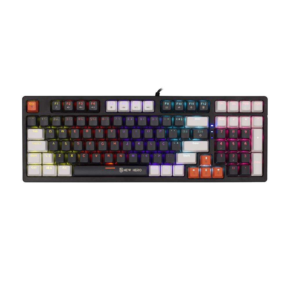 Teclado Mecânico Gamer New Hero Arkana, Rainbow, Switch Blue, ABNT2, USB, Preto e Cinza