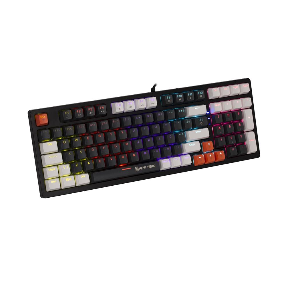 Teclado Mecânico Gamer New Hero Arkana, Rainbow, Switch Blue, ABNT2, USB, Preto e Cinza