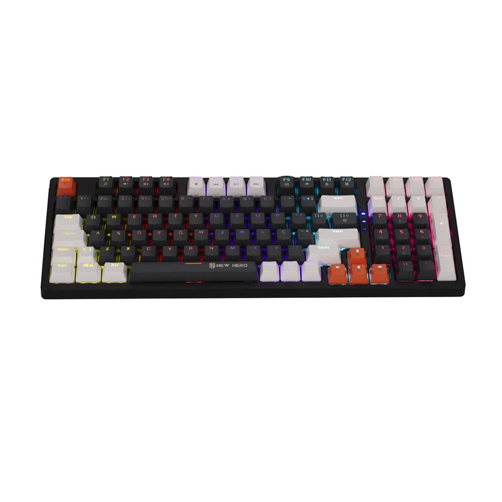 Teclado Mecânico Gamer New Hero Arkana, Rainbow, Switch Blue, ABNT2, USB, Preto e Cinza