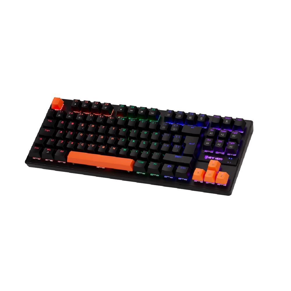 Teclado Mecânico Gamer New Hero Commander TKL, Rainbow, Switch Blue, ABNT2, USB, Preto e Laranja