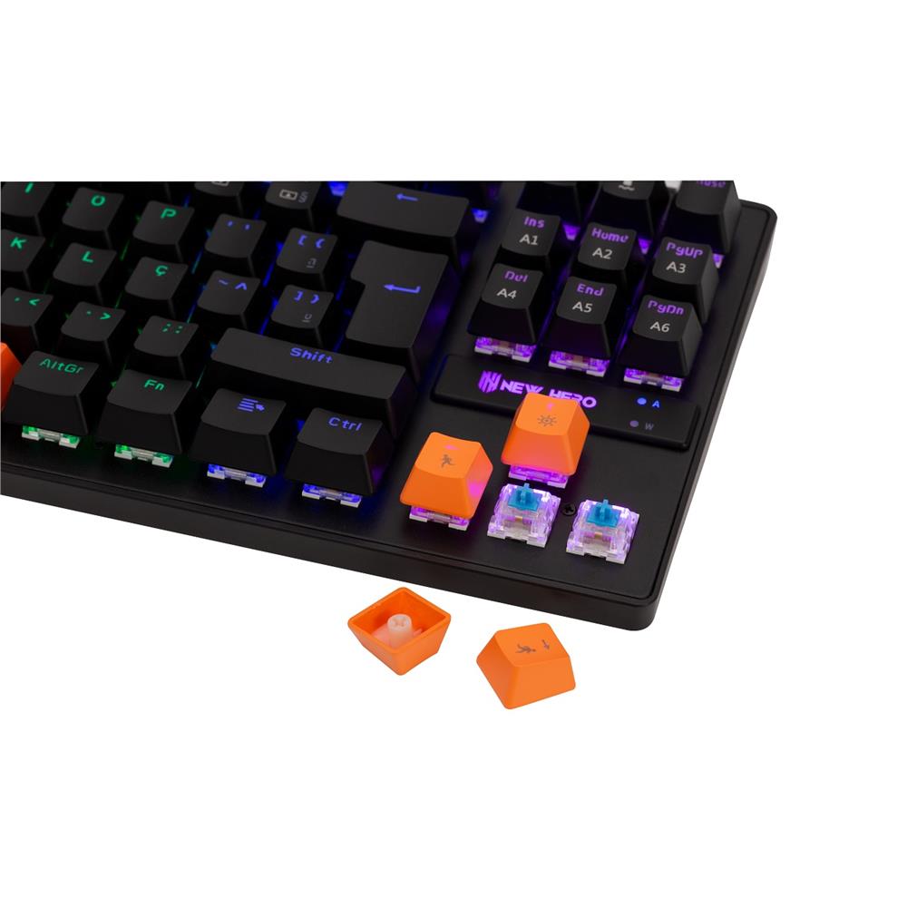 Teclado Mecânico Gamer New Hero Commander TKL, Rainbow, Switch Blue, ABNT2, USB, Preto e Laranja