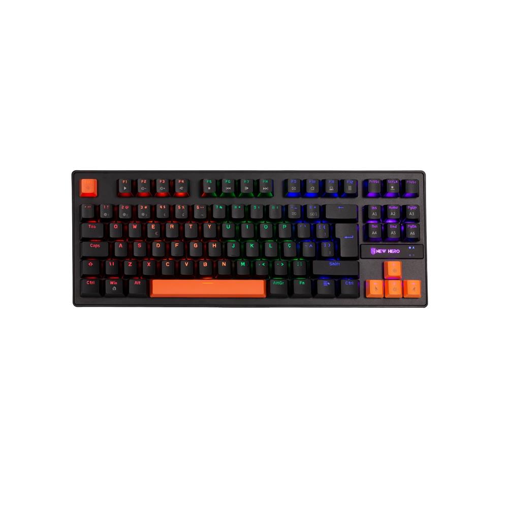 Teclado Mecânico Gamer New Hero Commander TKL, Rainbow, Switch Blue, ABNT2, USB, Preto e Laranja