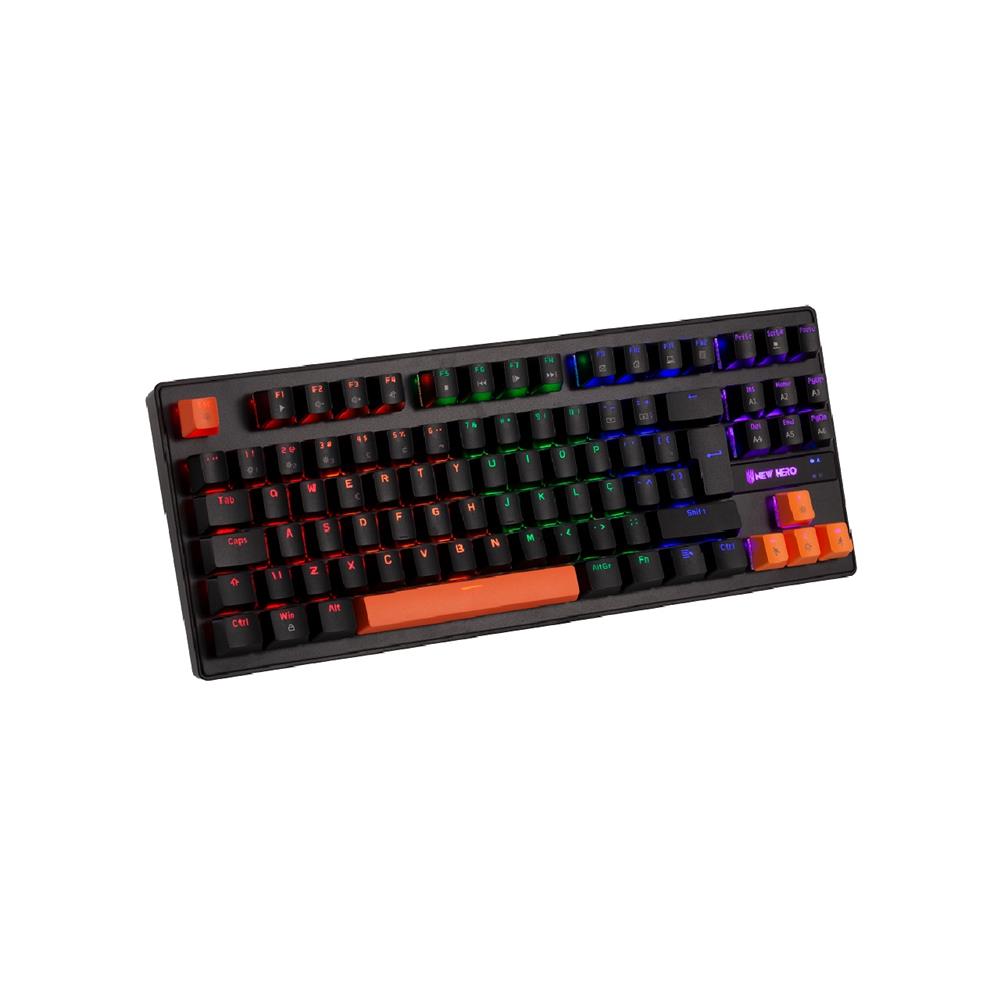 Teclado Mecânico Gamer New Hero Commander TKL, Rainbow, Switch Blue, ABNT2, USB, Preto e Laranja