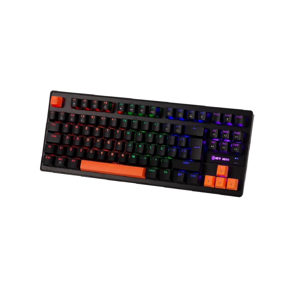 Teclado Mecânico Gamer New Hero Commander TKL, Rainbow, Switch Blue, ABNT2, USB, Preto e Laranja