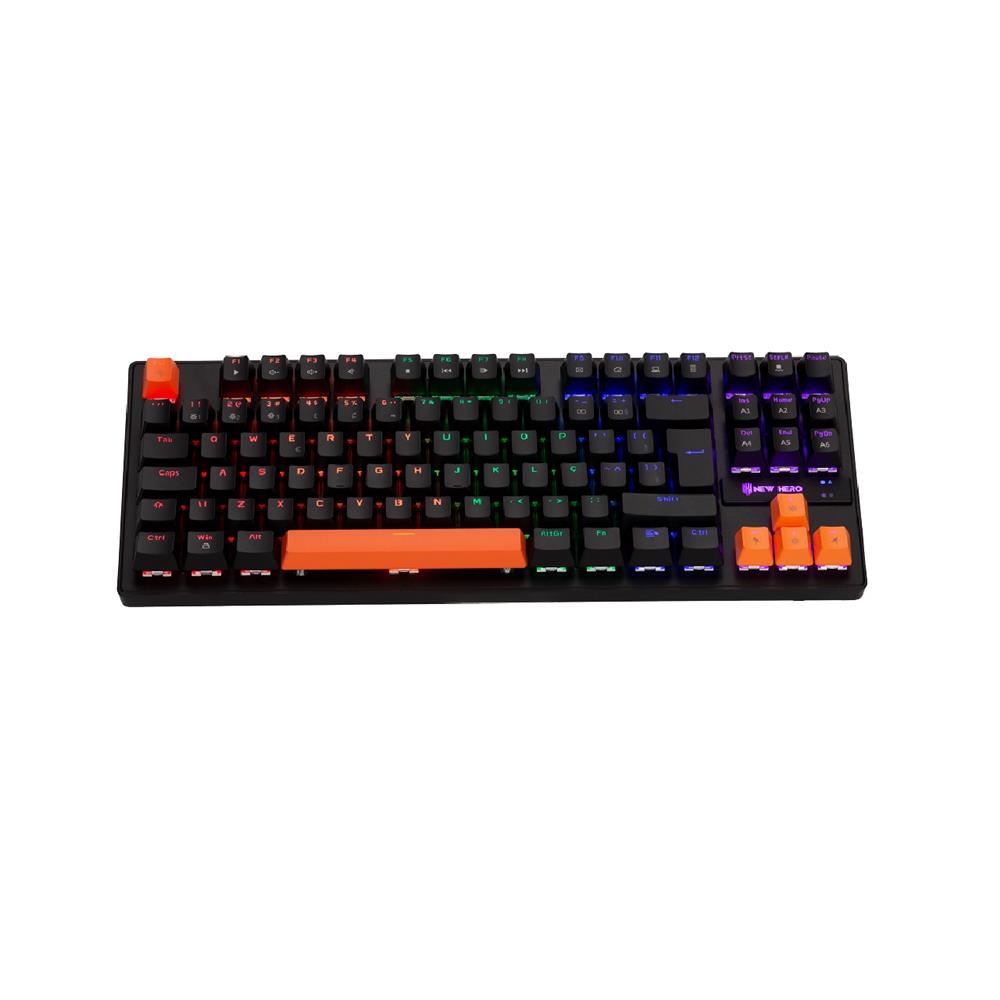 Teclado Mecânico Gamer New Hero Commander TKL, Rainbow, Switch Blue, ABNT2, USB, Preto e Laranja