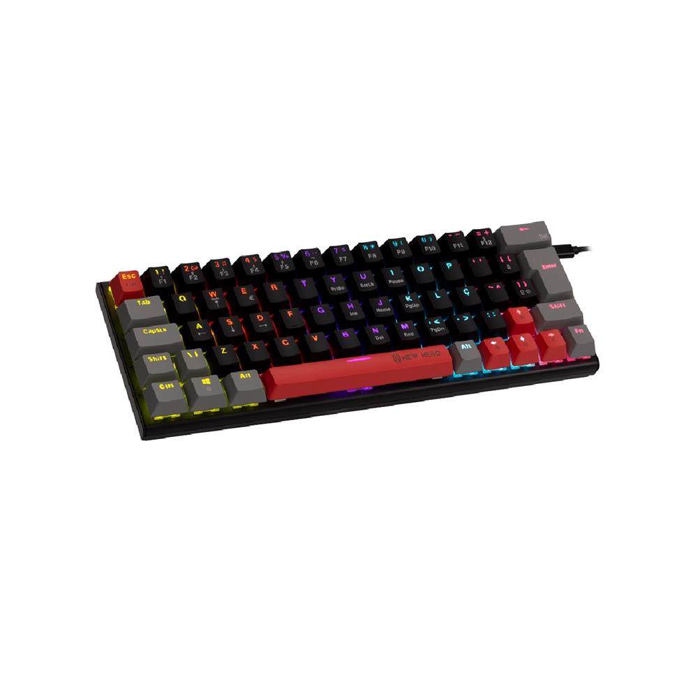 Teclado Mecânico Gamer New Hero Titan Mini 60%, Rainbow, Switch Blue, ABNT2, USB, Preto e Cinza