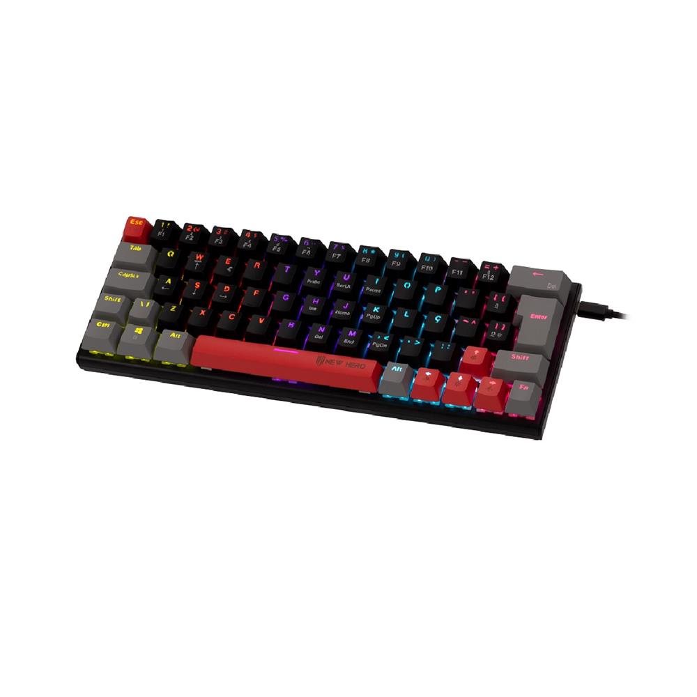 Teclado Mecânico Gamer New Hero Titan Mini 60%, Rainbow, Switch Blue, ABNT2, USB, Preto e Cinza