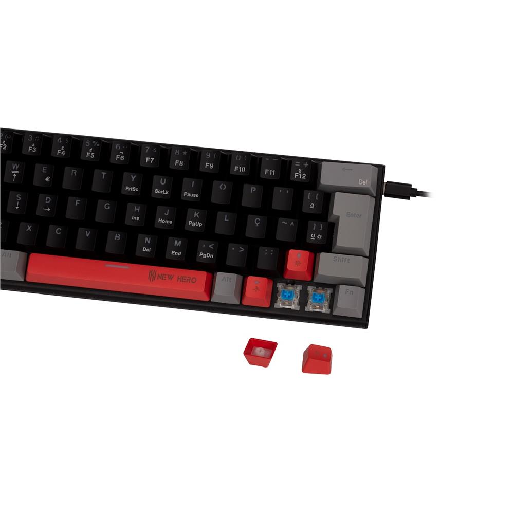 Teclado Mecânico Gamer New Hero Titan Mini 60%, Rainbow, Switch Blue, ABNT2, USB, Preto e Cinza