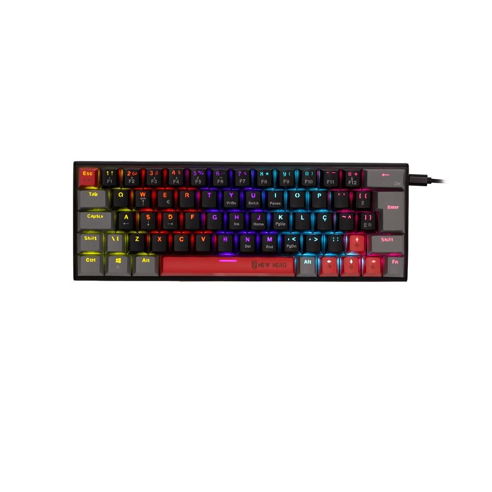 Teclado Mecânico Gamer New Hero Titan Mini 60%, Rainbow, Switch Blue, ABNT2, USB, Preto e Cinza