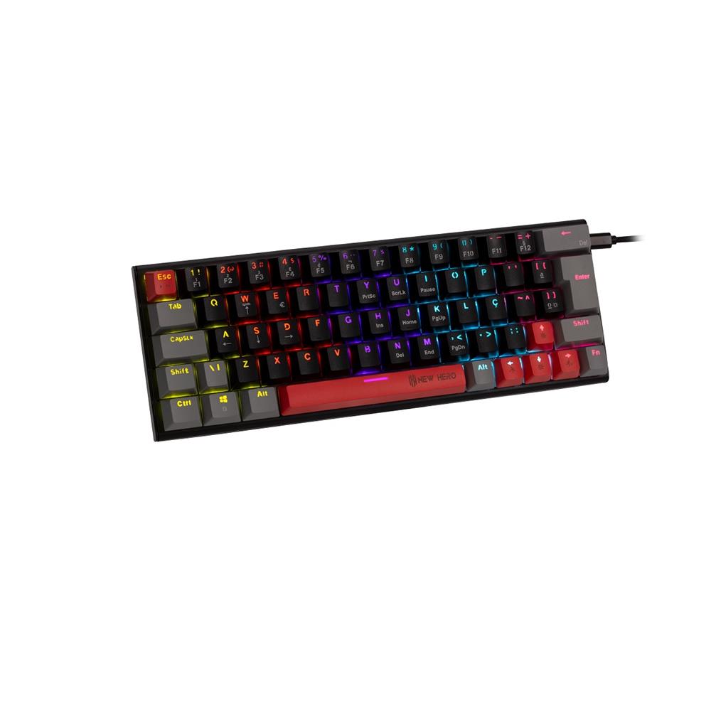 Teclado Mecânico Gamer New Hero Titan Mini 60%, Rainbow, Switch Blue, ABNT2, USB, Preto e Cinza