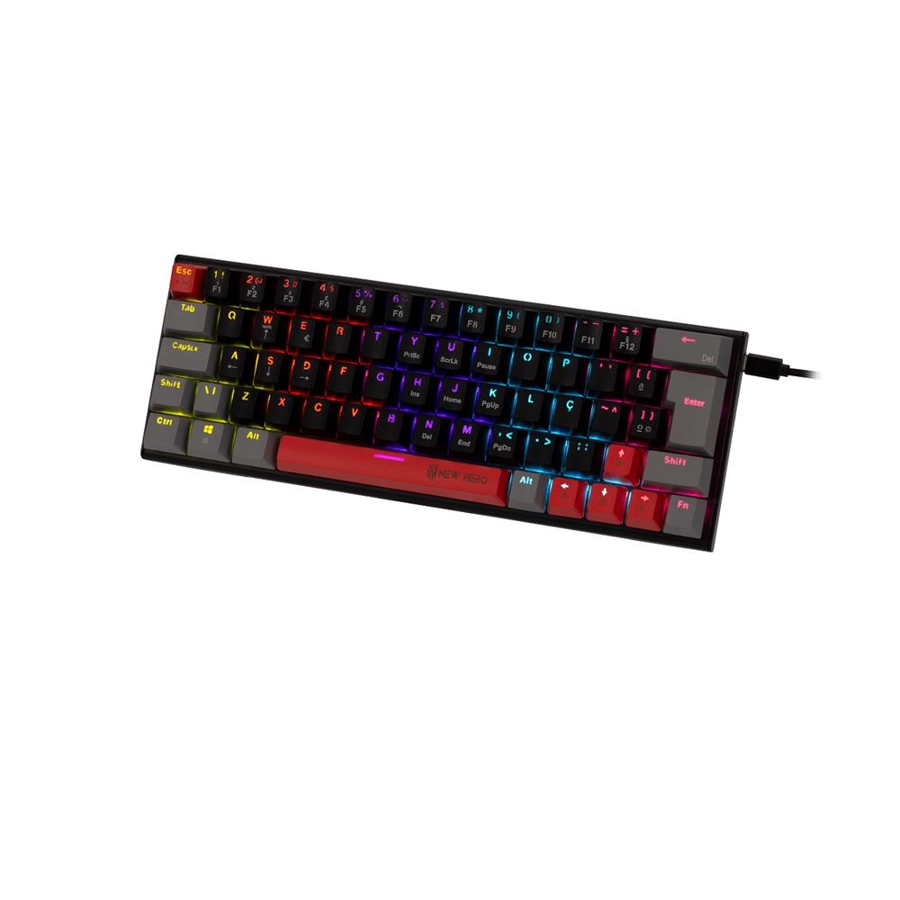 Teclado Mecânico Gamer New Hero Titan Mini 60%, Rainbow, Switch Blue, ABNT2, USB, Preto e Cinza