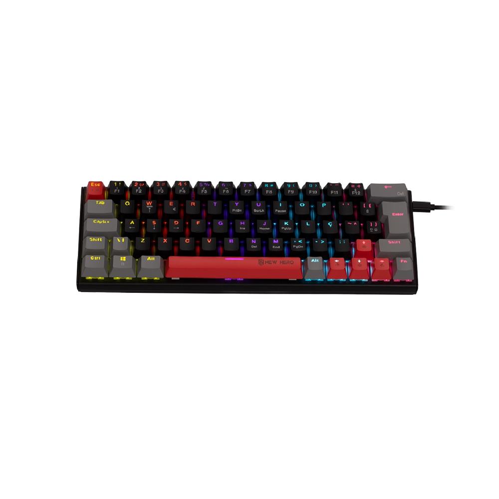 Teclado Mecânico Gamer New Hero Titan Mini 60%, Rainbow, Switch Blue, ABNT2, USB, Preto e Cinza