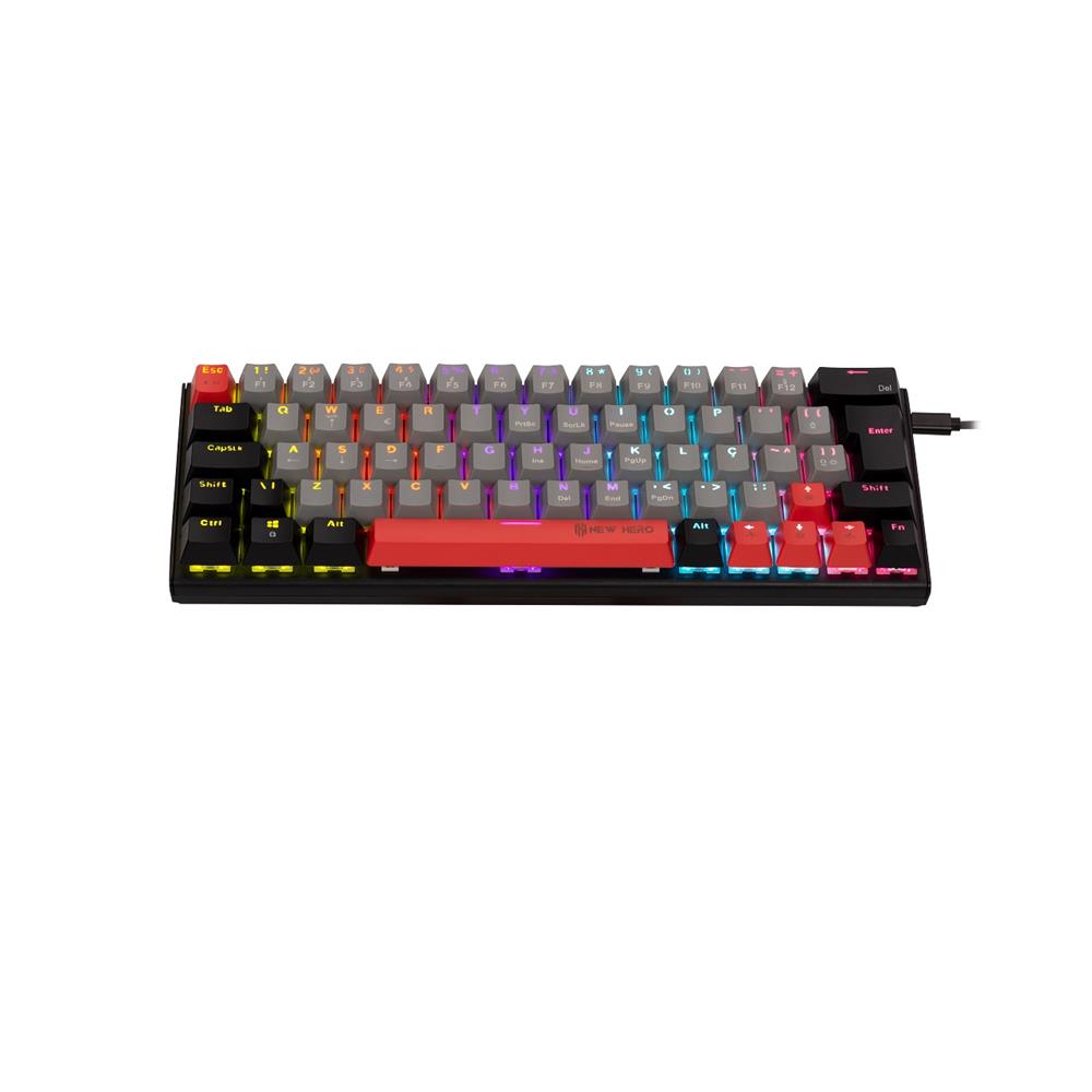 Teclado Mecânico Gamer New Hero Titan Mini 60%, Rainbow, Switch Blue, ABNT2, USB, Cinza e Preto