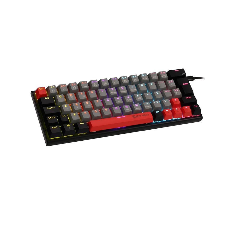 Teclado Mecânico Gamer New Hero Titan Mini 60%, Rainbow, Switch Blue, ABNT2, USB, Cinza e Preto