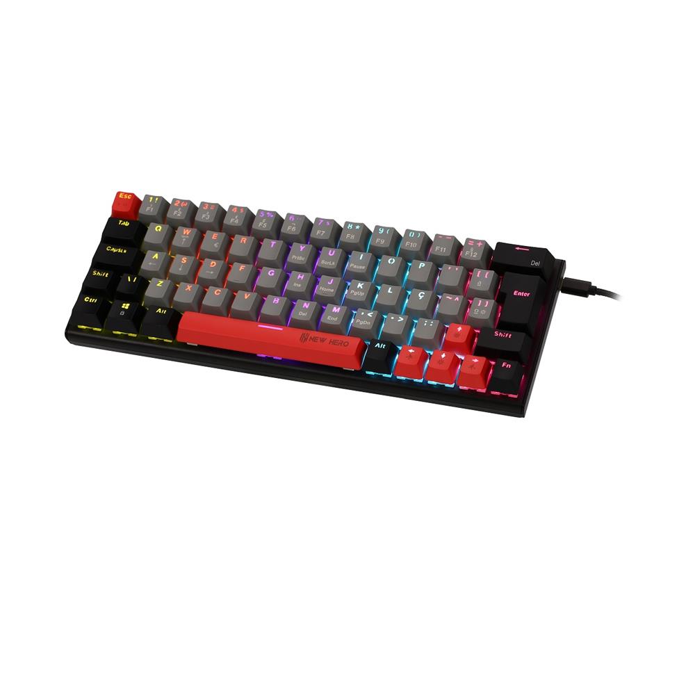 Teclado Mecânico Gamer New Hero Titan Mini 60%, Rainbow, Switch Blue, ABNT2, USB, Cinza e Preto