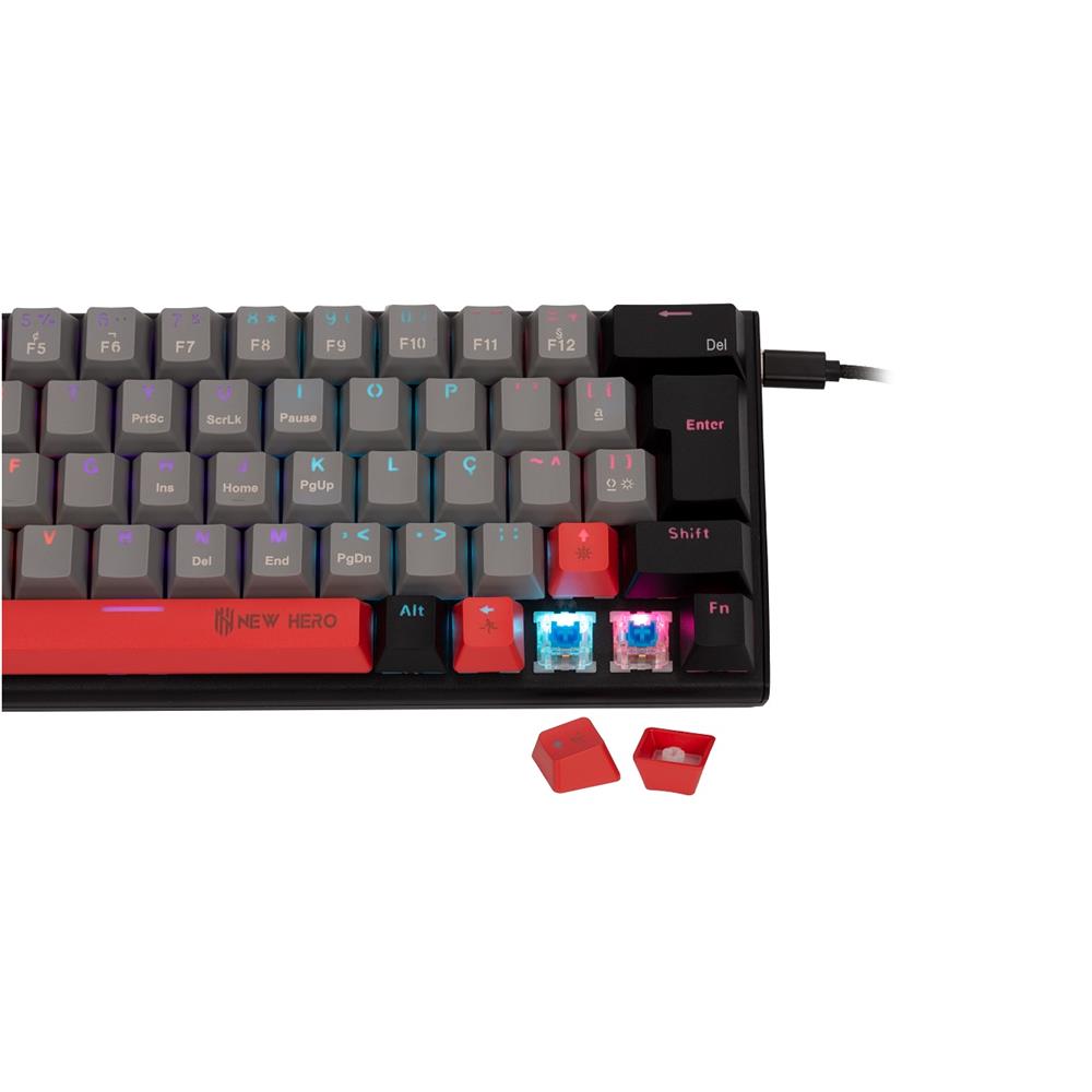 Teclado Mecânico Gamer New Hero Titan Mini 60%, Rainbow, Switch Blue, ABNT2, USB, Cinza e Preto