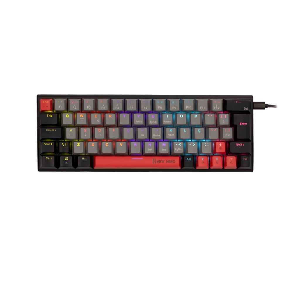 Teclado Mecânico Gamer New Hero Titan Mini 60%, Rainbow, Switch Blue, ABNT2, USB, Cinza e Preto