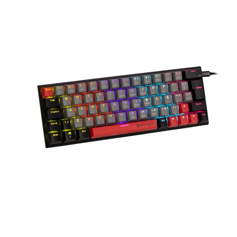 Teclado Mecânico Gamer New Hero Titan Mini 60%, Rainbow, Switch Blue, ABNT2, USB, Cinza e Preto